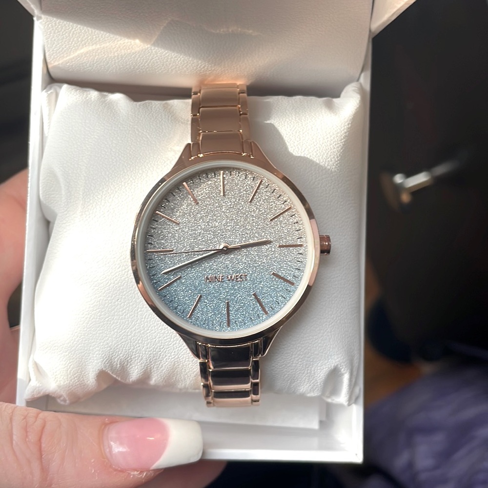 NIB Nine West women’s watch with blue gradient sparkle face, bracelet rose gold